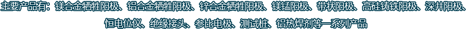 主要產(chǎn)品有：鎂合金犧牲陽(yáng)極、鋁合金犧牲陽(yáng)極、鋅合金犧牲陽(yáng)極、鎂錳陽(yáng)極、帶狀陽(yáng)極、高硅鑄鐵陽(yáng)極、深井陽(yáng)極、恒電位儀、絕緣接頭、參比電極、測(cè)試樁、鋁熱焊劑等一系列產(chǎn)品